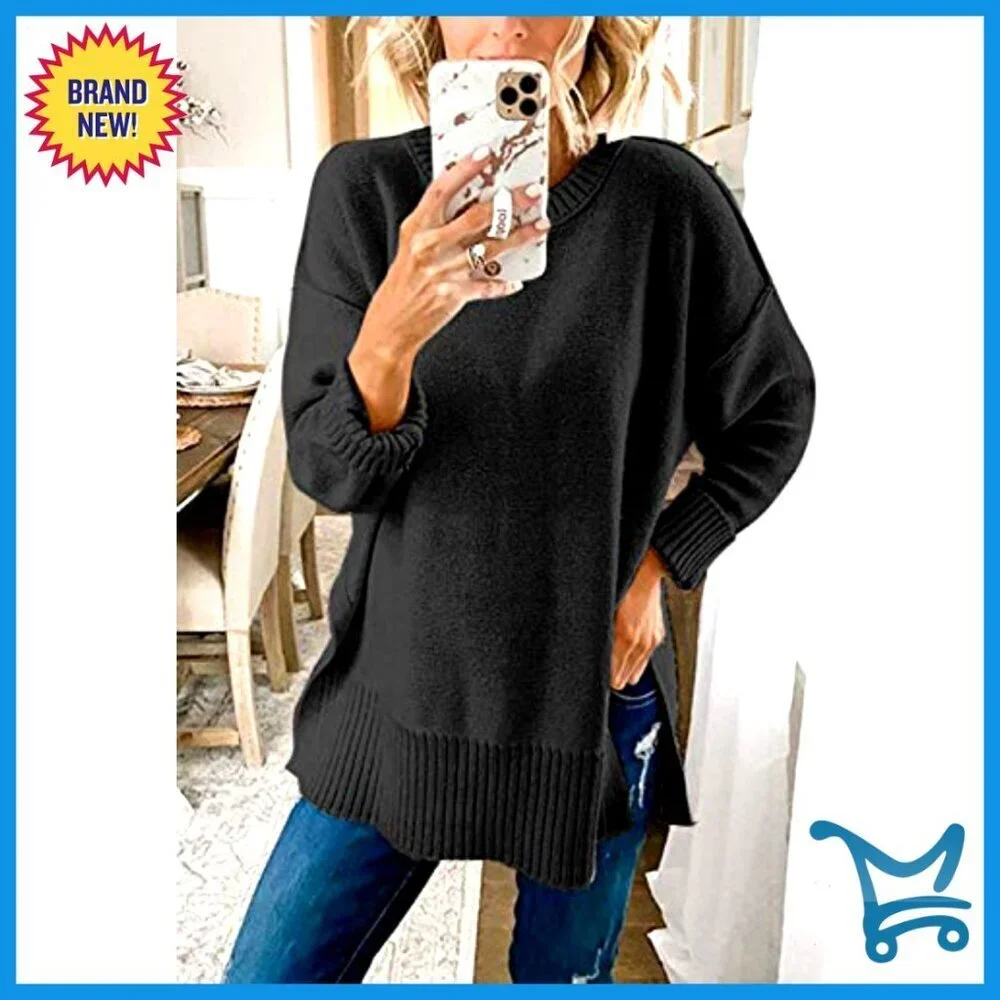 Oversized Pullover Sweater Tunic Length Side Split Casual Loose Fit